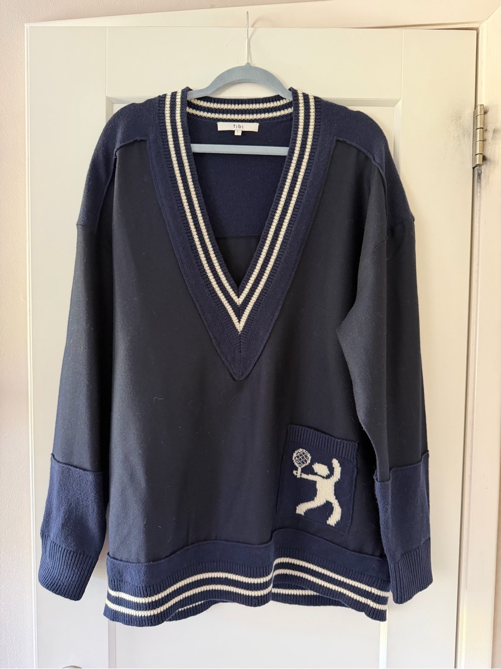 Tibi Navy and Cream V-Neck Sweater with Tennis Player Motif